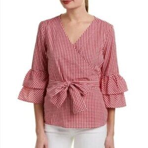 BeachLunchLounge Red Gingham Faux-Wrap Surplice Top - Size Med
